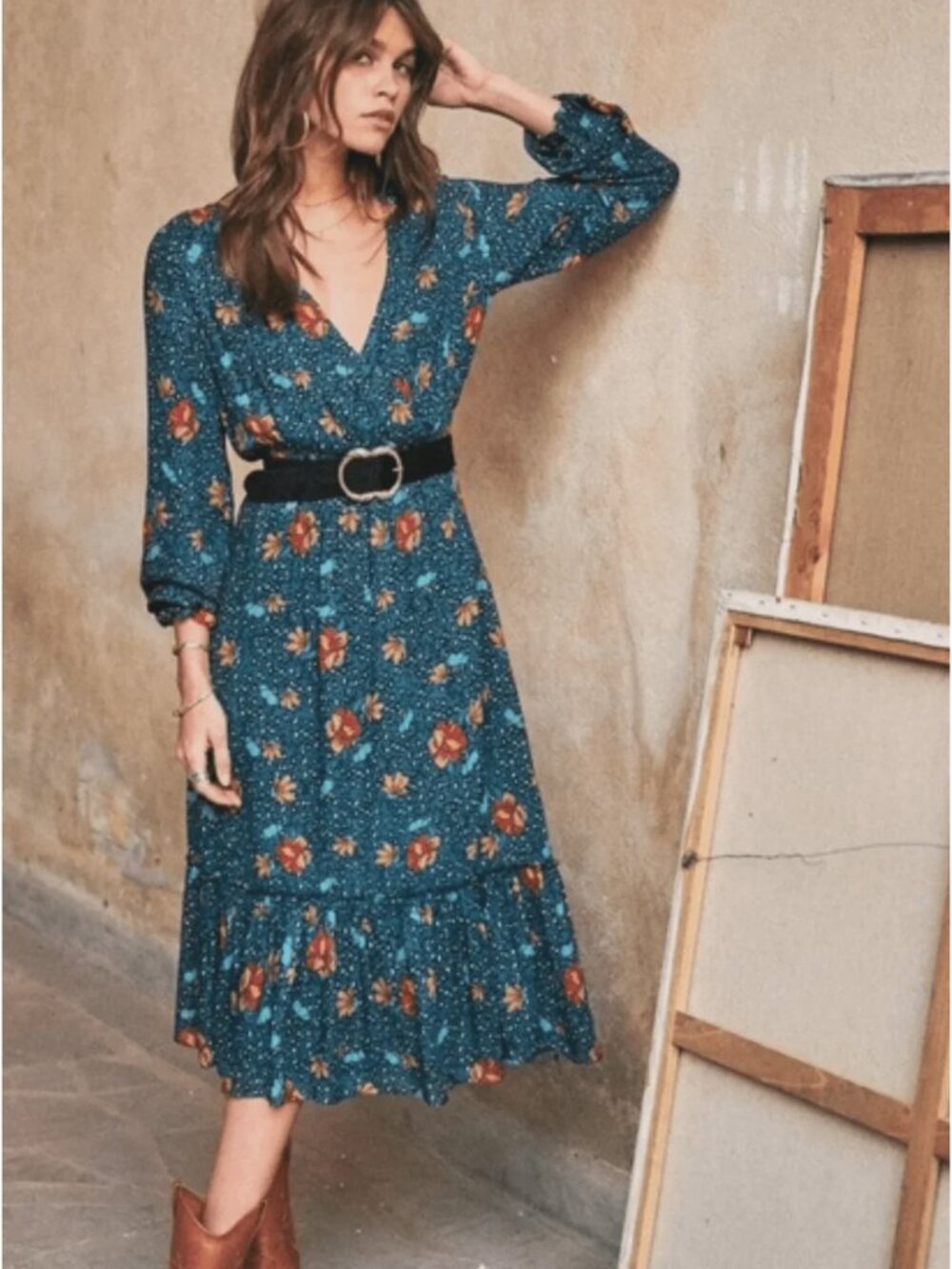 Sézane Titiane Fleur Leopard Canard Blue Floral Dress Size 36 US 4